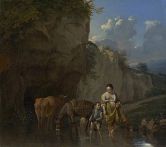 A Woman and a Boy with Animals at a Ford by Karel Dujardin