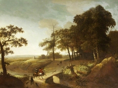 A Wooded River Landscape with a Hawking Party crossing a Bridge by Anonymous