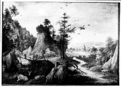 Bergachtig landschap met een dorp in de verte by Gillis d'Hondecoeter