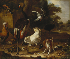 Birds and a Spaniel in a Garden by Melchior d'Hondecoeter