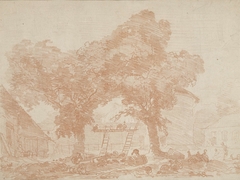 Boerenerf met twee bomen, waartussen ladders staan by Jean-Honoré Fragonard