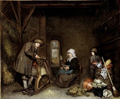 Chaffcutter with His Wife and Child by Caspar Netscher