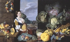 Cookmaid with Still Life of Vegetables and Fruit by Nathaniel Bacon