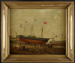 De tewaterlating van het barkschip Plancius by Casparus Johannes Morel