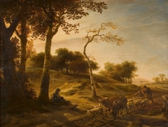 Duinlandschap met bomen, kudde vee en herders by Nicolaes Pieterszoon Berchem