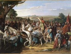 El rey don Rodrigo arengando a los jefes de su ejército antes de dar la batalla del Guadalete by Bernardo Blanco y Pérez