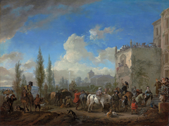 Elegant hunting company departing from a country estate by Philips Wouwerman