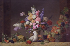 En kurv med blomster, en kakadue og en frugtranke by Johannes Ludvig Camradt