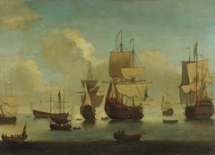 English warships at anchor in a calm, drying sails by Peter Monamy