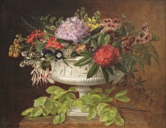 Flowers in a centrepiece on a marble windowsill with a beech branch by Johan Laurentz Jensen