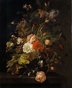 Flowers in a glass vase, on a stone table by Rachel Ruysch