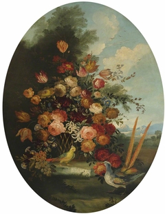 Flowers in a Wicker Basket with a Cockatoo and Pheasant by Anonymous