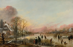 Frozen river at sunset by Aert van der Neer