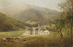 Gebäudekomplex mit Kirche in Landschaft by Hans Dwořák