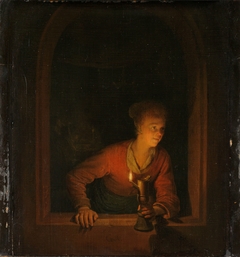 Girl with an Oil Lamp at a Window by Gerrit Dou