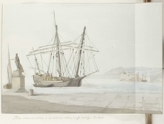 Haven met schip of tartane uit Messina en standbeeld van don Carlos en in de verte het kasteel San Salvatore by Louis Ducros