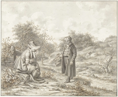 Heuvelig landschap met zittend vrouwtje en staande man met korf by Jacob Ernst Marcus