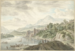 Heuvellandschap met een kasteel aan een rivier by Abraham Delfos