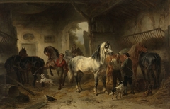 Interieur van een stal met paarden en figuren by Wouterus Verschuur