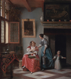 Interior with a young lady handing a coin to a maidservant by Pieter de Hooch