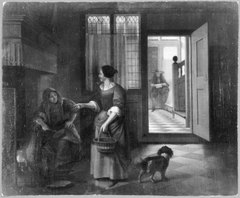 Interior with two women talking, a man and a dog by Pieter de Hooch