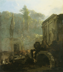 Italian cemetery with a shepherd and cattle by Adam Pynacker