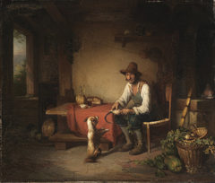 Italienischer Bauer mit Hund spielend by Johann Baptist Kirner