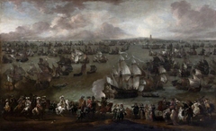 King Louis XIV, King of France (1638–1715) reviewing his Fleet at Dunkirk, met by Representatives of the City by Hendrik van Minderhout