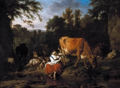 Landscape with a shepherdess and cattle on the bank of a stream by Adriaen van de Velde