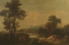 Landscape with a Stream and a Reclining Woman and Two Boys Beside Her by Francesco Zuccarelli