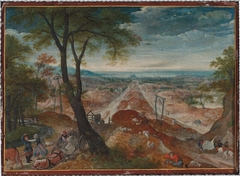 Landscape with Bandits Holding up a Man with a Wagon by Hans Bol