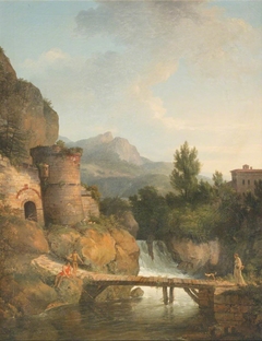 Landscape with Figures Crossing a Wooden Bridge over a Mountain Stream by circle of Jean Victor Bertin