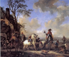 Landscape with horsemen, a smith and children by Philips Wouwerman