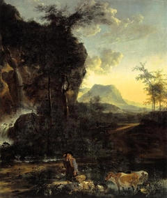 Landscape with waterfall and shepherd by Adam Pynacker