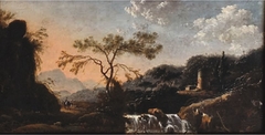 Landscape with waterfall, tower and figures by Hans de Jode