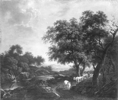 Landschaft mit Hirt und Rindern auf einem Weg unter Bäumen by Ferdinand Kobell