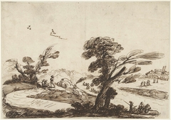 Landschap met figuren en op de voorgrond een grote wilg by Unknown Artist