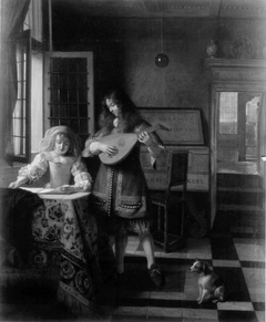 Man playing a lute and woman singing in an interior by Pieter de Hooch