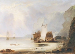 Men-of-War becalmed at Anchor with Fishermen and Boats on the Beach by Anonymous