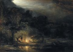 Nocturnal Landscape with the Holy Family resting on the flight into Egypt by Rembrandt