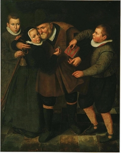 Oude man met armbus en kinderen by Cornelis Engelsz