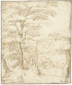 Pad door het bos met drie figuren by Pieter Brueghel I