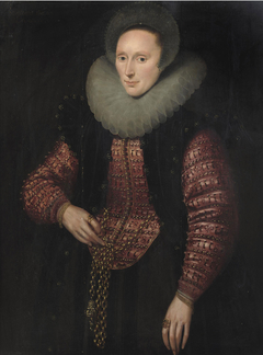 Portrait of a lady, three-quarter-length, in a black and red embroidered dress and white ruff, a gold chain with a pomander around her waist by Jacob Willemsz Delff