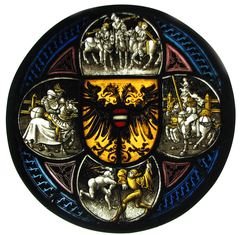 Quatrefoil Roundel with Arms and Secular Scenes by Anonymous