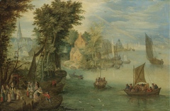 River Landscape with Figures on a Quay before a Town by Jan Brueghel the Elder