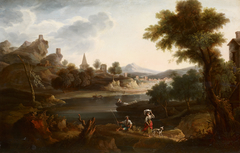 River Landscape with Washerwoman and Fisherman by Andrés Cortés y Aguilar