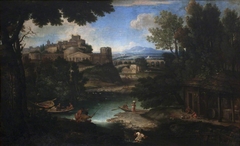 River Scene with Classical Buildings and Figures by Giovanni Francesco Grimaldi