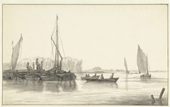 Rivierlandschap met een aanlegsteiger met boten by Hendrick Jacobsz. Dubbels