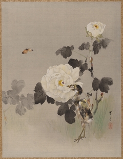 Roses, Young Bird and a Butterfly by Watanabe Shōtei