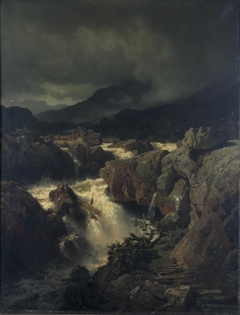 Rotslandschap met waterval in Noorwegen by Andreas Achenbach